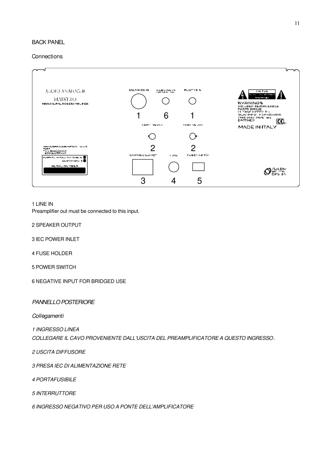 Audio Analogue SRL MONO BLOCK POWER AMPLIFIER owner manual Back Panel, Pannello Posteriore 