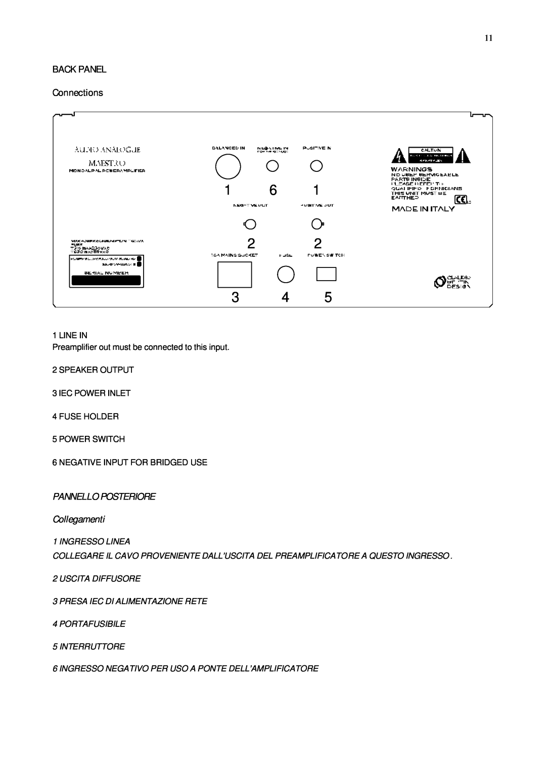 Audio Analogue SRL MONO BLOCK POWER AMPLIFIER owner manual BACK PANEL Connections, PANNELLO POSTERIORE Collegamenti, 1 6 2 