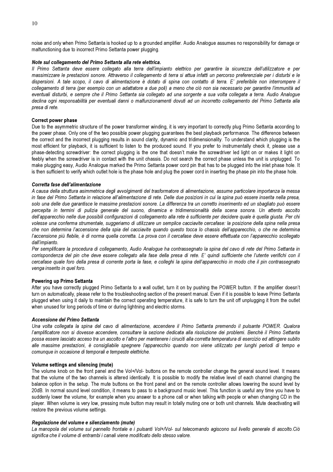 Audio Analogue SRL PRIMO owner manual Corretta fase dell’alimentazione, Accensione del Primo Settanta 