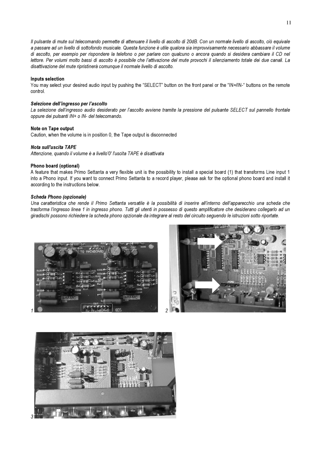 Audio Analogue SRL PRIMO owner manual Inputs selection, Selezione dell’ingresso per l’ascolto, Nota sulluscita Tape 