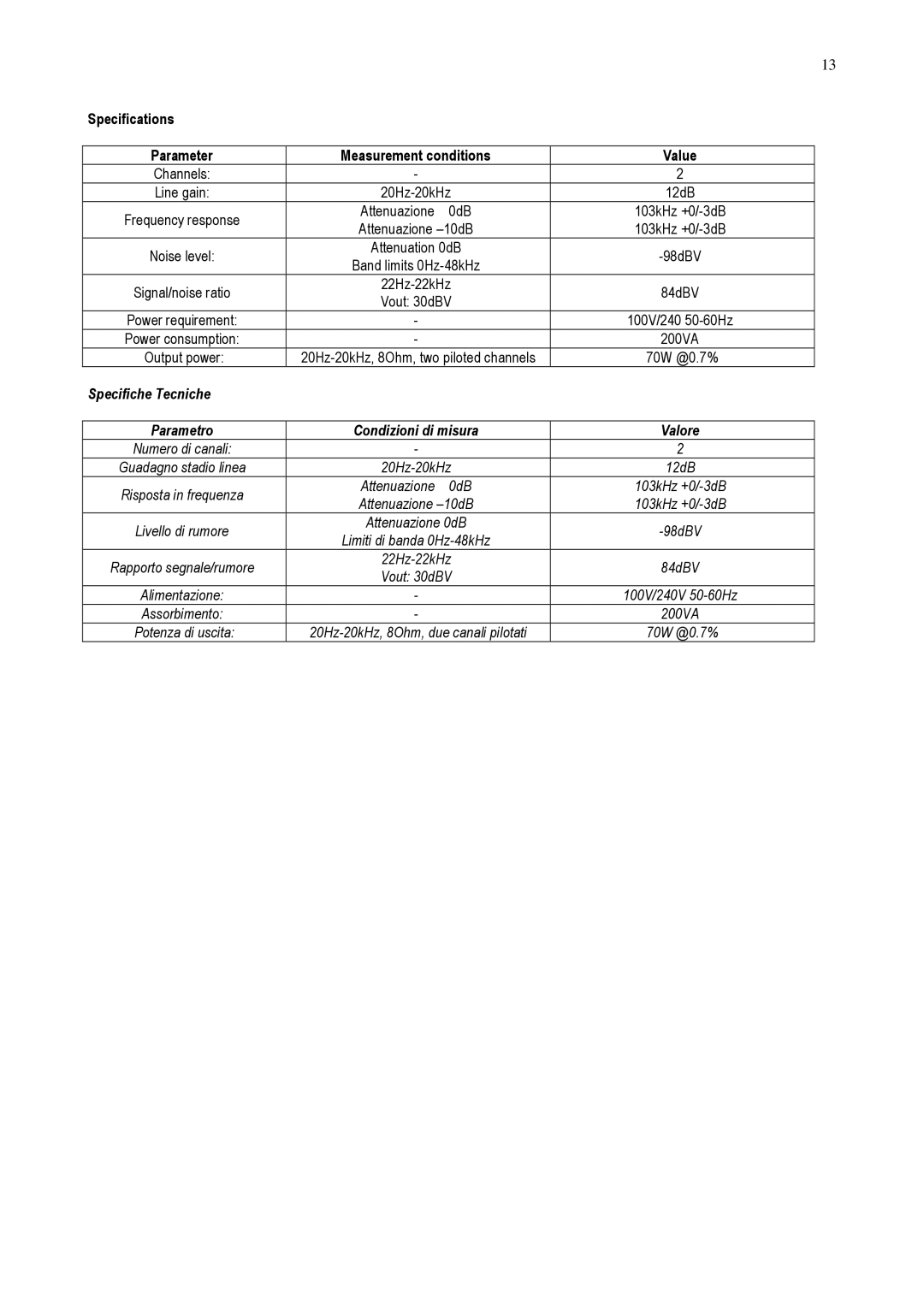 Audio Analogue SRL PRIMO owner manual Specifications Parameter Measurement conditions Value 