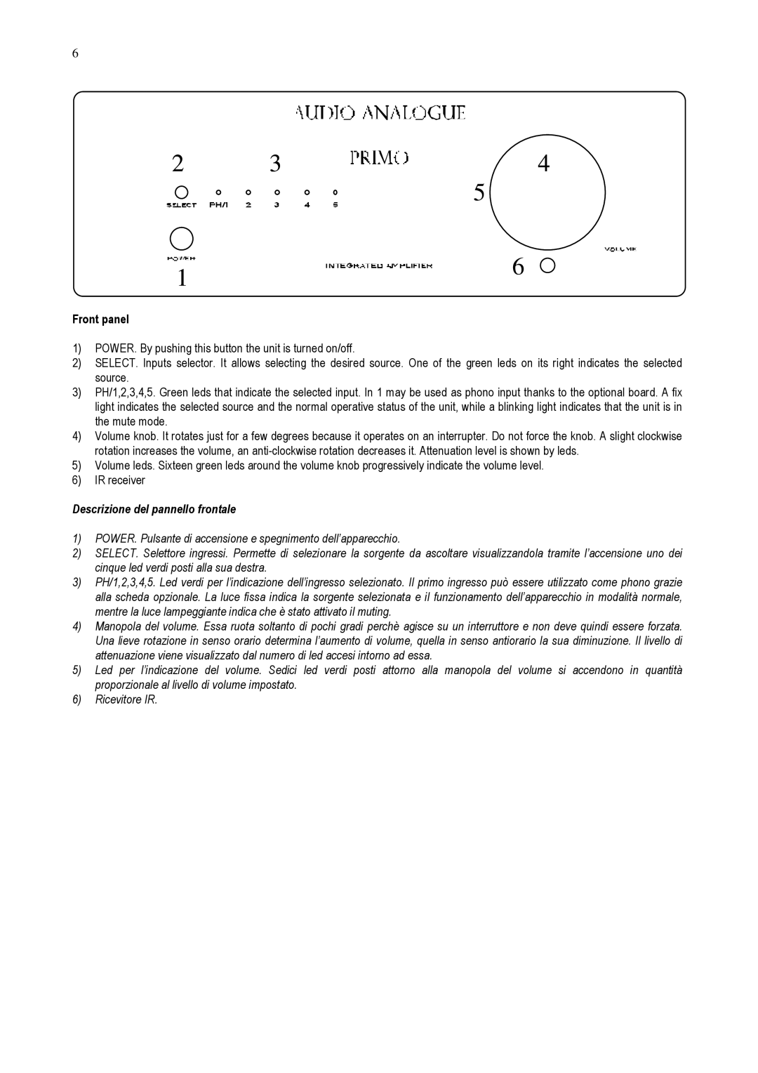 Audio Analogue SRL PRIMO owner manual Front panel, Descrizione del pannello frontale 