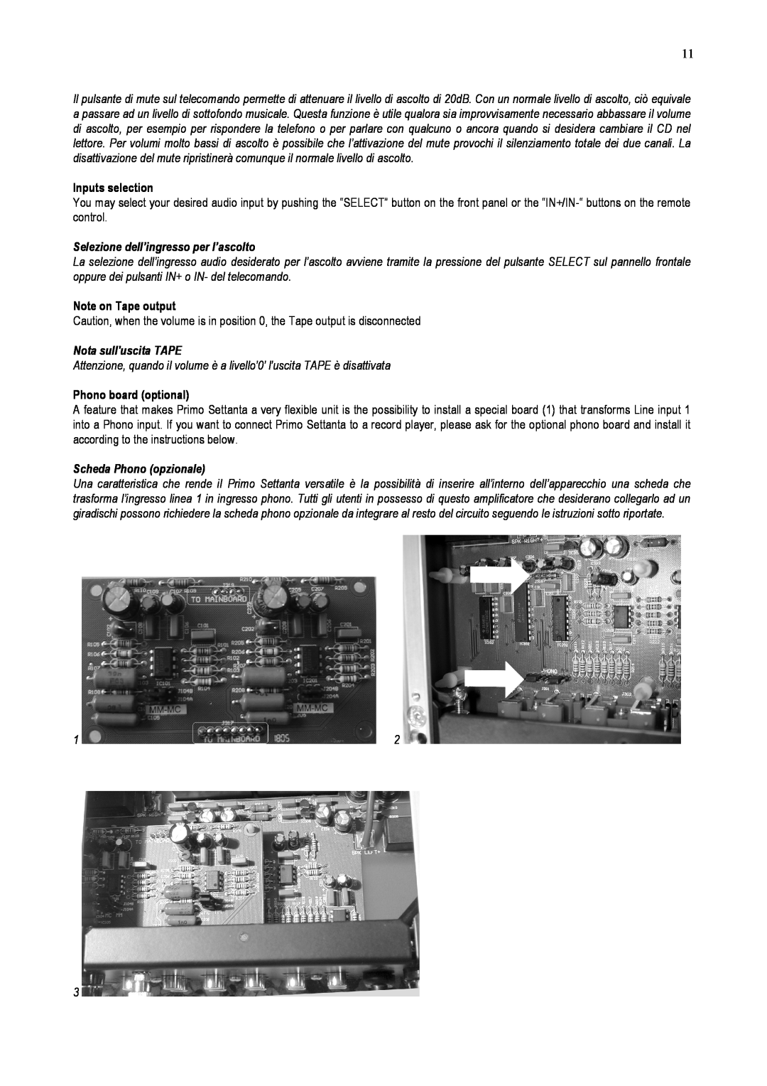 Audio Analogue SRL PRIMO owner manual Inputs selection, Selezione dell’ingresso per l’ascolto, Note on Tape output 