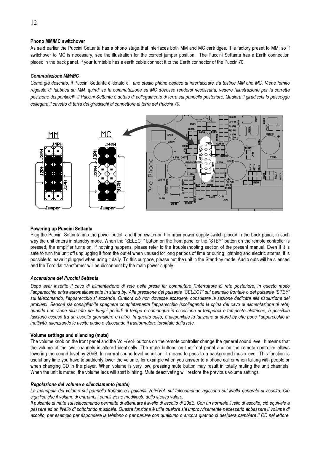 Audio Analogue SRL owner manual Phono MM/MC switchover, Powering up Puccini Settanta, Accensione del Puccini Settanta 