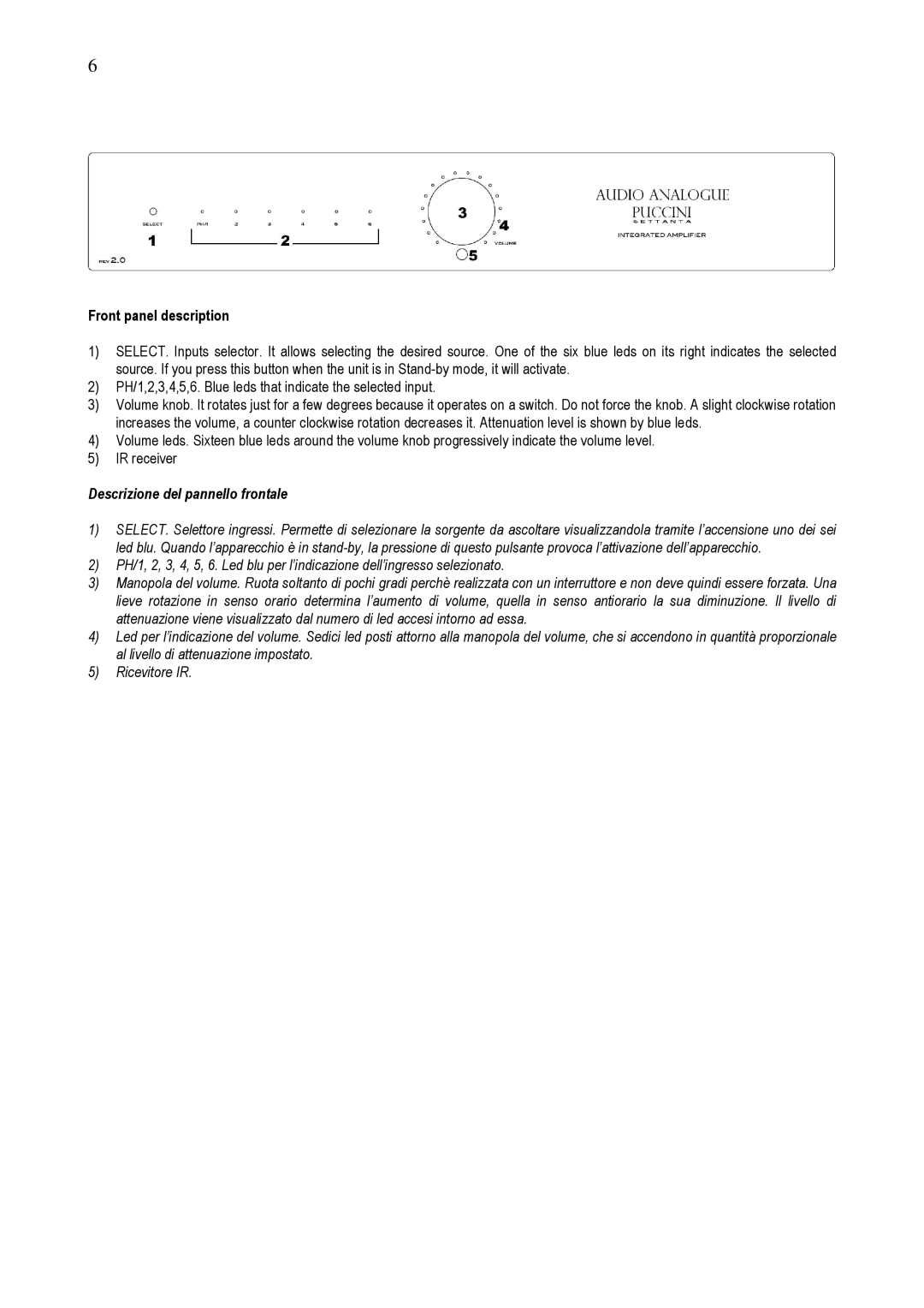 Audio Analogue SRL Puccini Settanta owner manual Front panel description, Descrizione del pannello frontale 