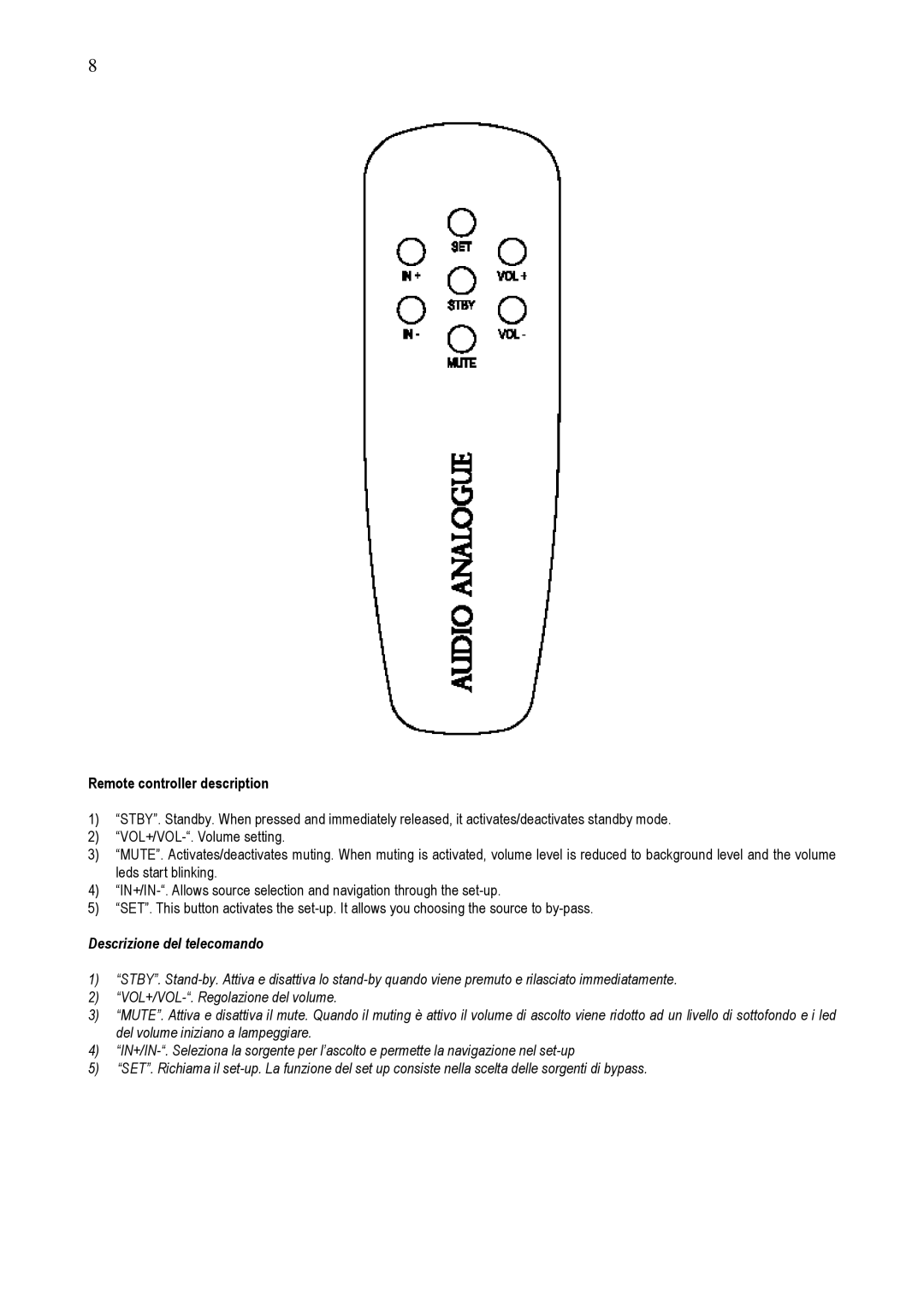 Audio Analogue SRL Puccini Settanta owner manual Remote controller description, Descrizione del telecomando 