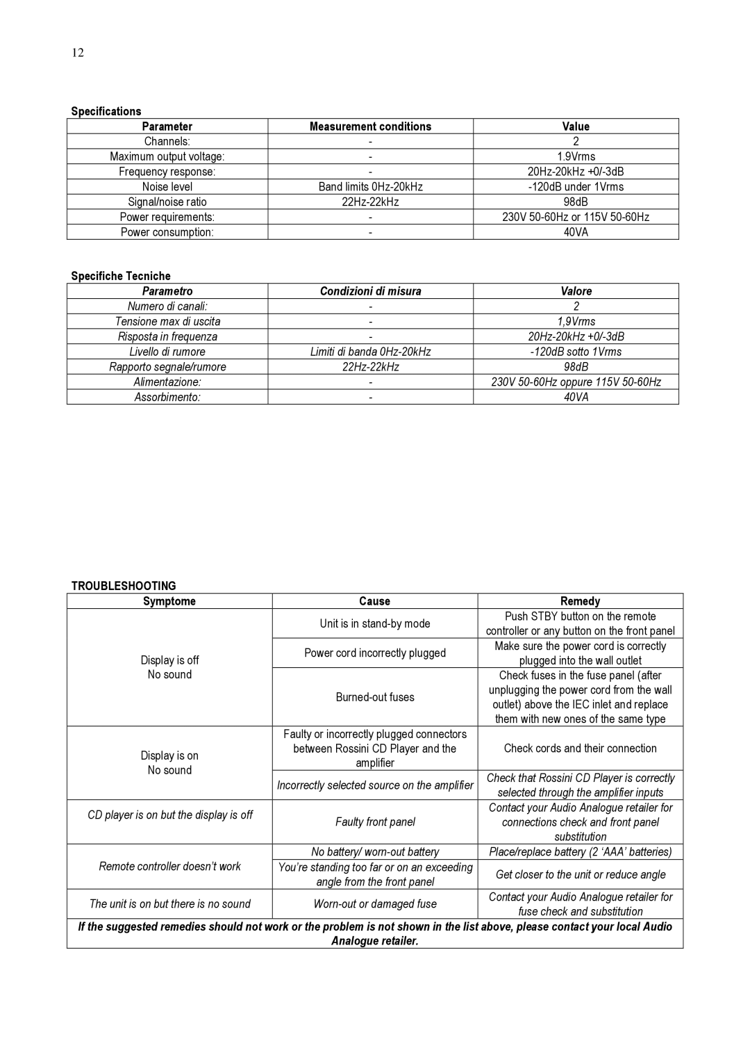 Audio Analogue SRL Rossini 2.0 owner manual Specifications Parameter Measurement conditions Value, Specifiche Tecniche 