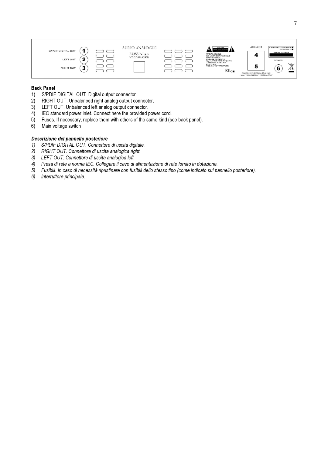 Audio Analogue SRL Rossini 2.0 owner manual Back Panel, Descrizione del pannello posteriore 