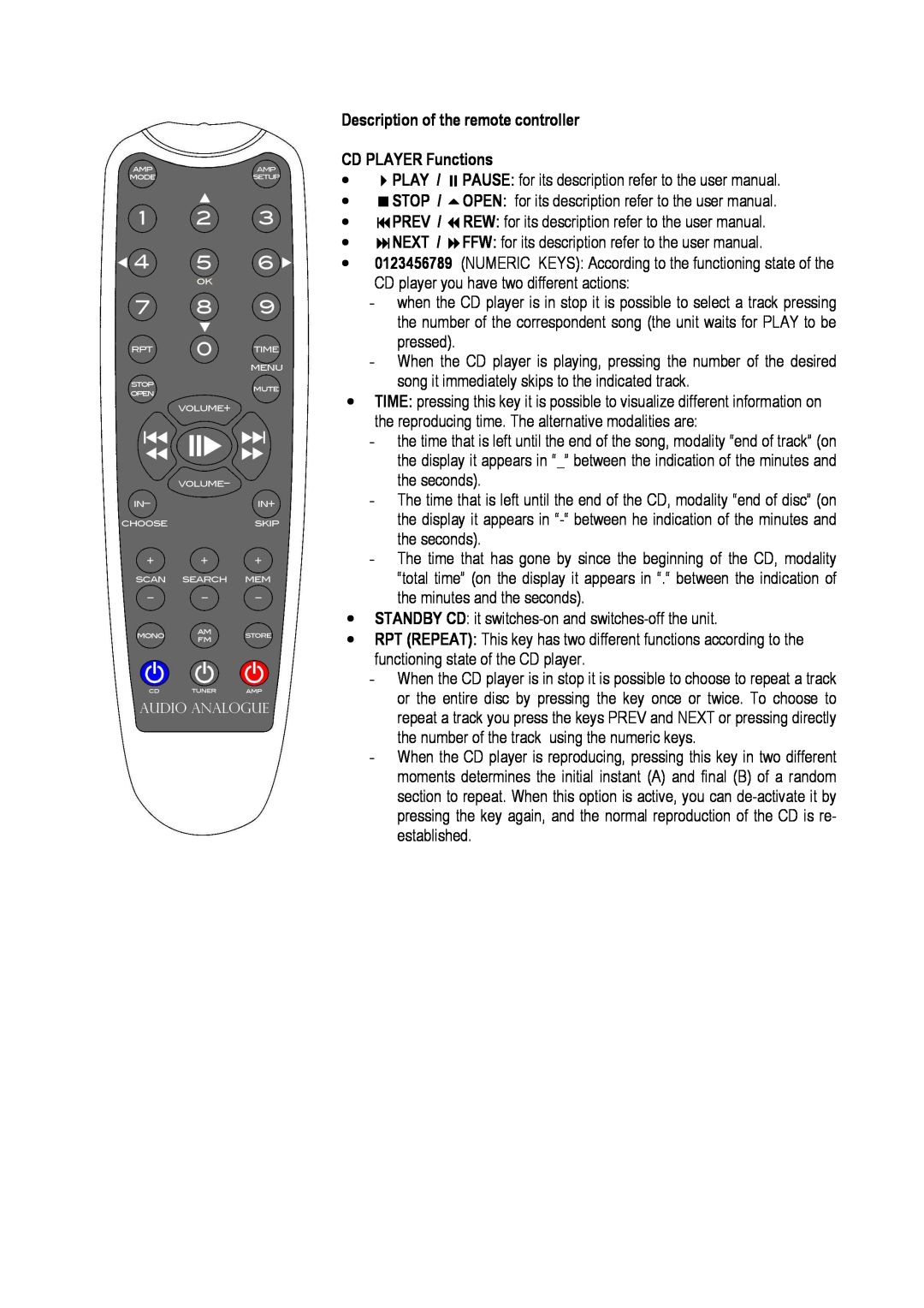 Audio Analogue SRL Rossini 2.0 owner manual Description of the remote controller, CD PLAYER Functions 