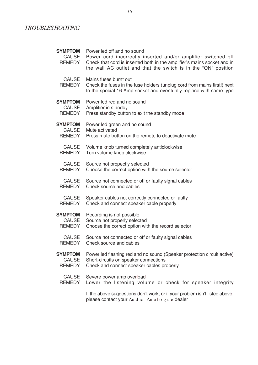 Audio Analogue SRL soundpleasure MAESTRO INTEGRATED AMPLIFIER owner manual Troubleshooting, Cause, Remedy 
