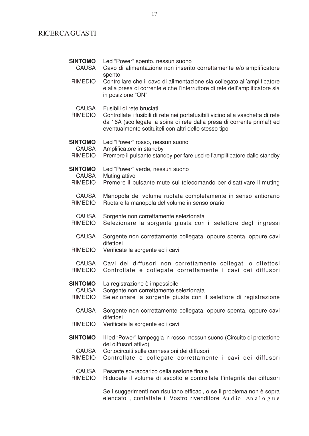 Audio Analogue SRL soundpleasure MAESTRO INTEGRATED AMPLIFIER owner manual Causa, Rimedio 