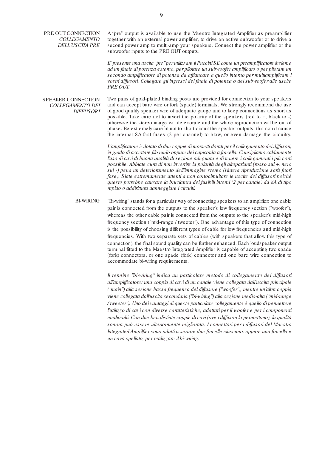 Audio Analogue SRL soundpleasure MAESTRO INTEGRATED AMPLIFIER Speaker Connection Collegamento DEI Diffusori BI-WIRING 