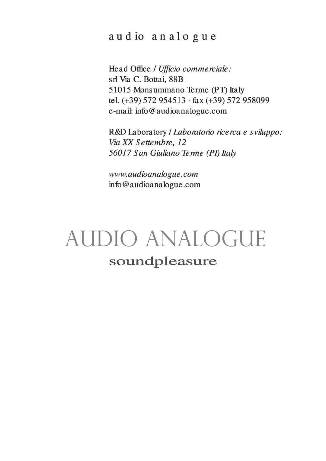 Audio Analogue SRL soundpleasure MAESTRO INTEGRATED AMPLIFIER owner manual audio analogue, Monsummano Terme PT Italy 