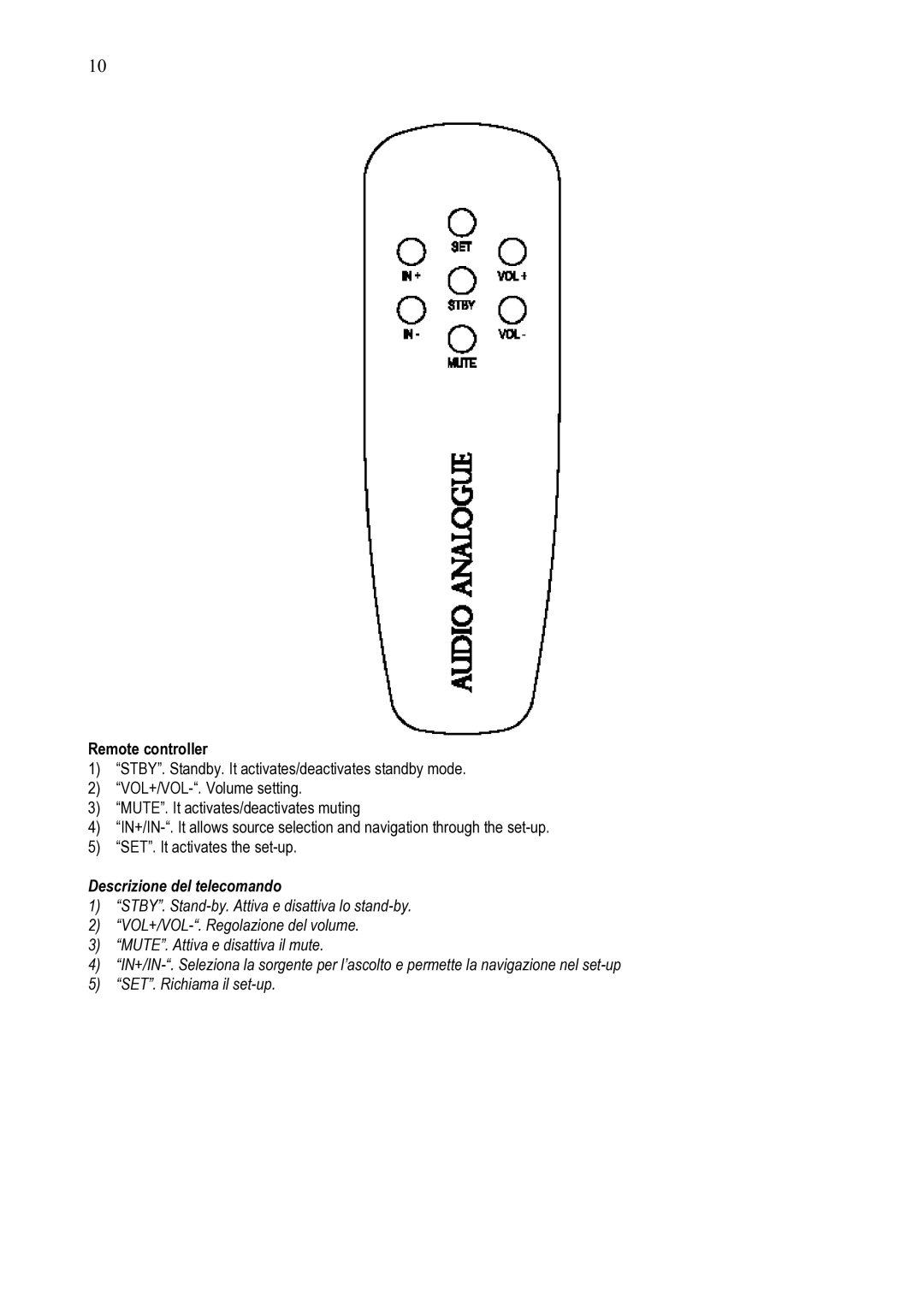 Audio Analogue SRL STEREO LINE PREAMPLIFIER owner manual Remote controller, Descrizione del telecomando 