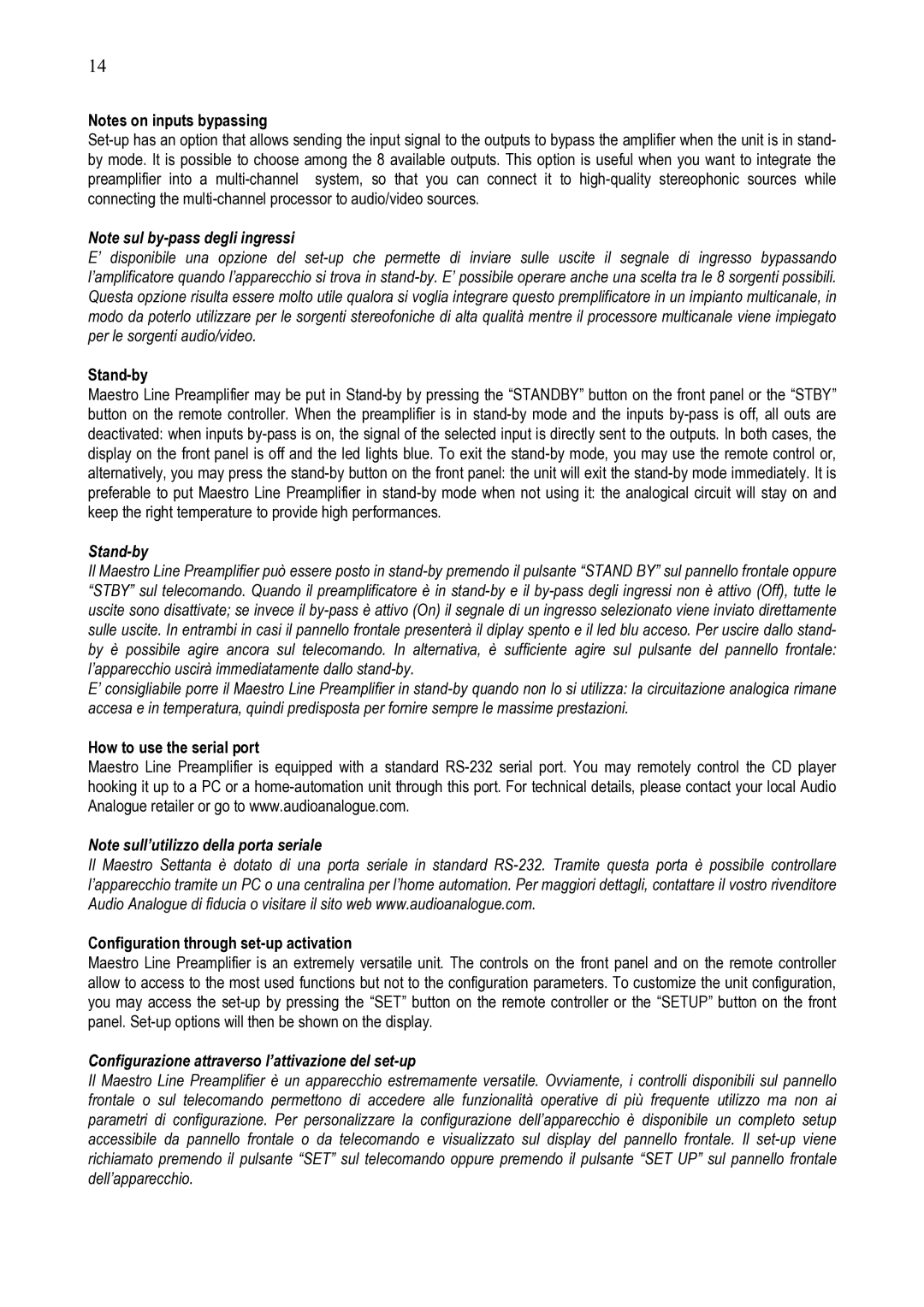 Audio Analogue SRL STEREO LINE PREAMPLIFIER owner manual Stand-by, Configurazione attraverso l’attivazione del set-up 