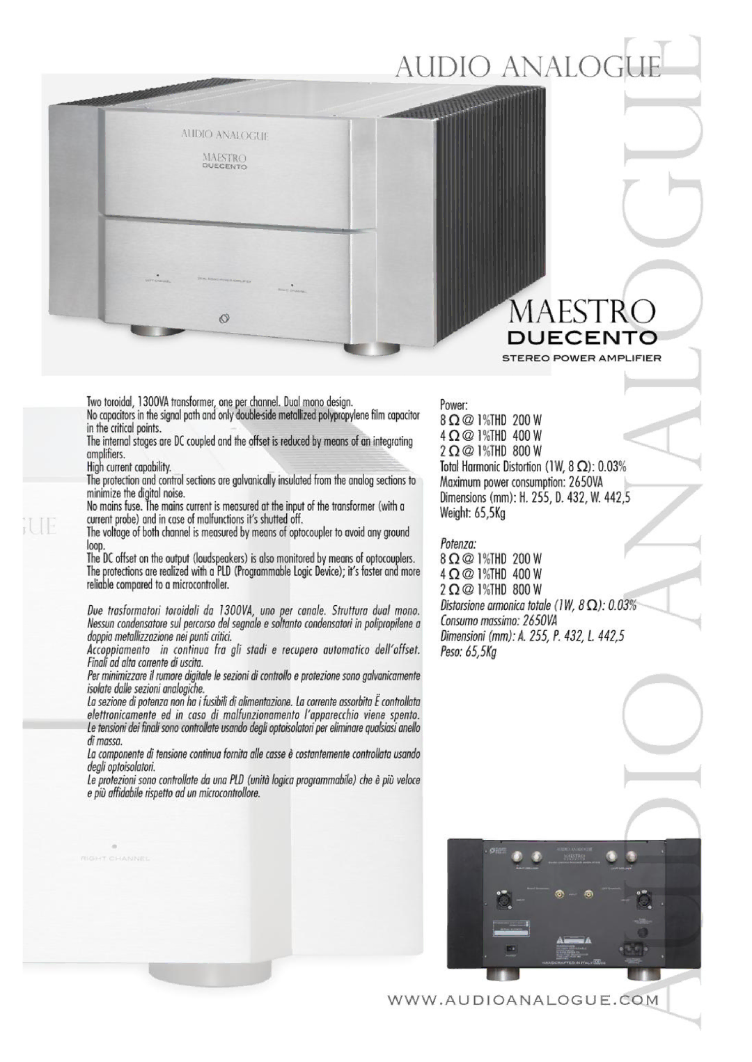 Audio Analogue SRL Stereo Power Amplifier manual 