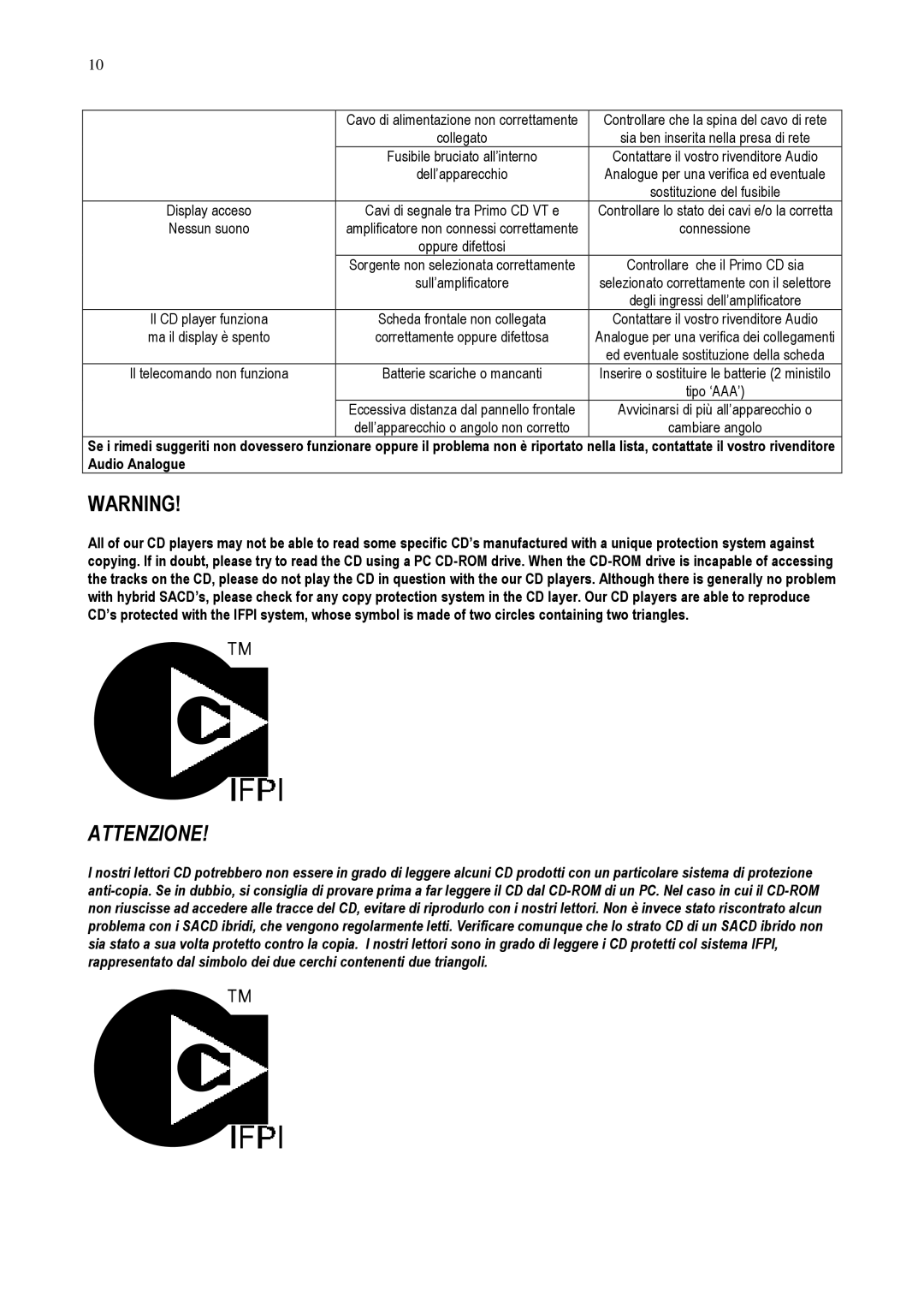 Audio Analogue SRL Vacuum Tube CD Player owner manual Attenzione 