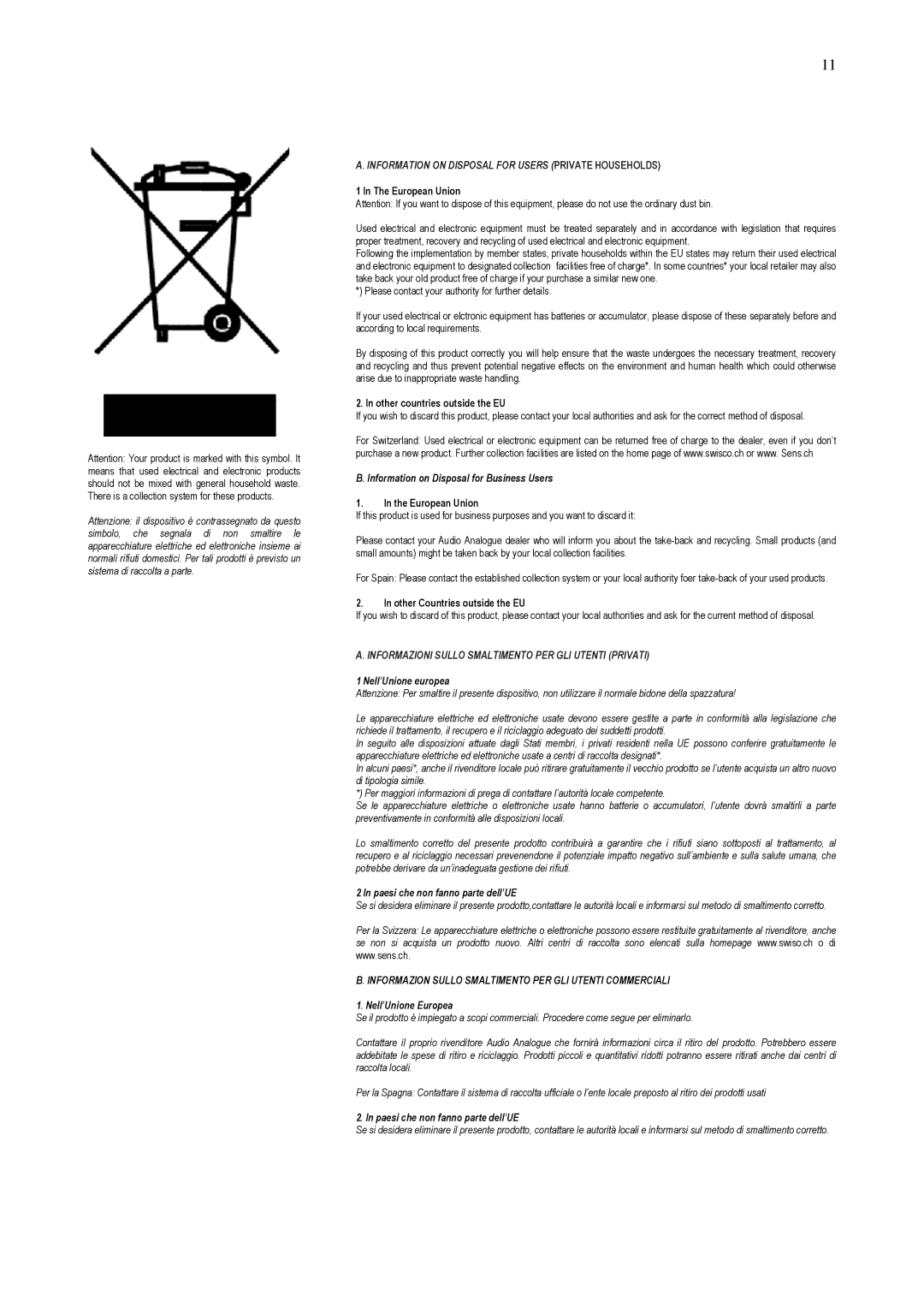 Audio Analogue SRL Vacuum Tube CD Player owner manual Information on Disposal for Users Private Households 