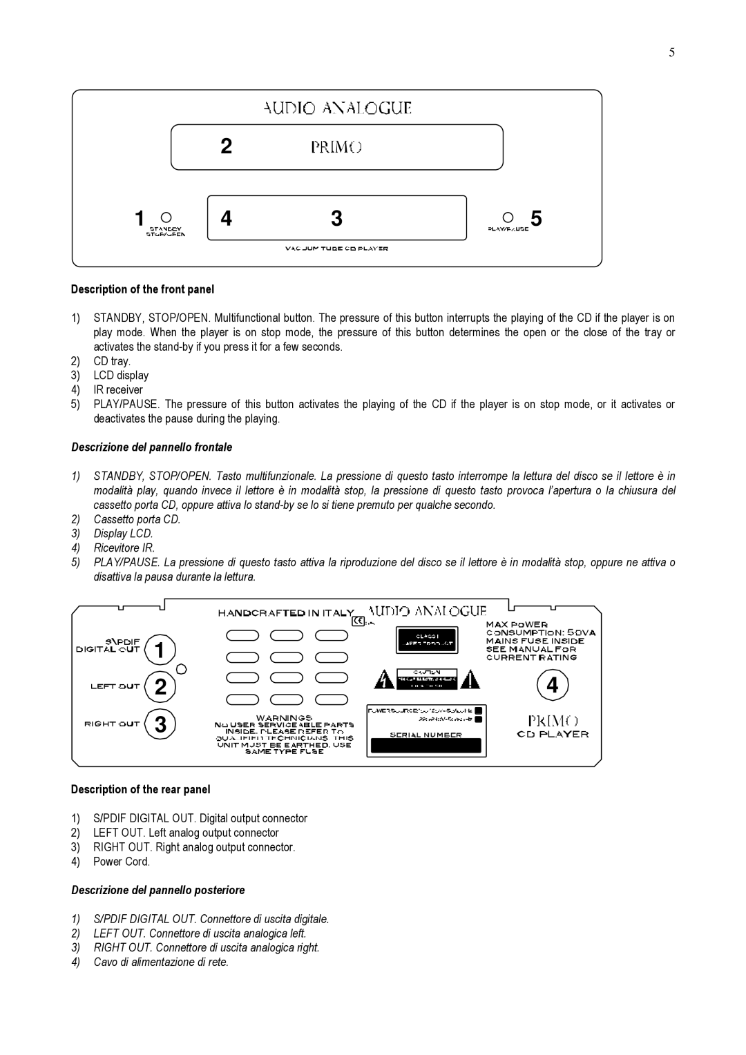 Audio Analogue SRL Vacuum Tube CD Player owner manual Description of the front panel, Descrizione del pannello frontale 