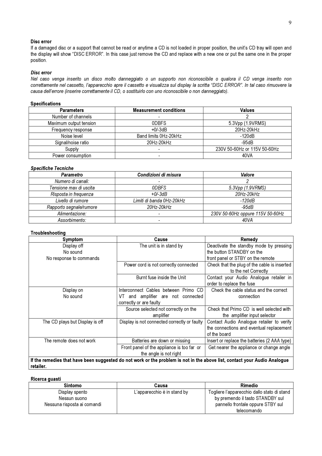 Audio Analogue SRL Vacuum Tube CD Player owner manual Disc error, Specifiche Tecniche Parametro Condizioni di misura 