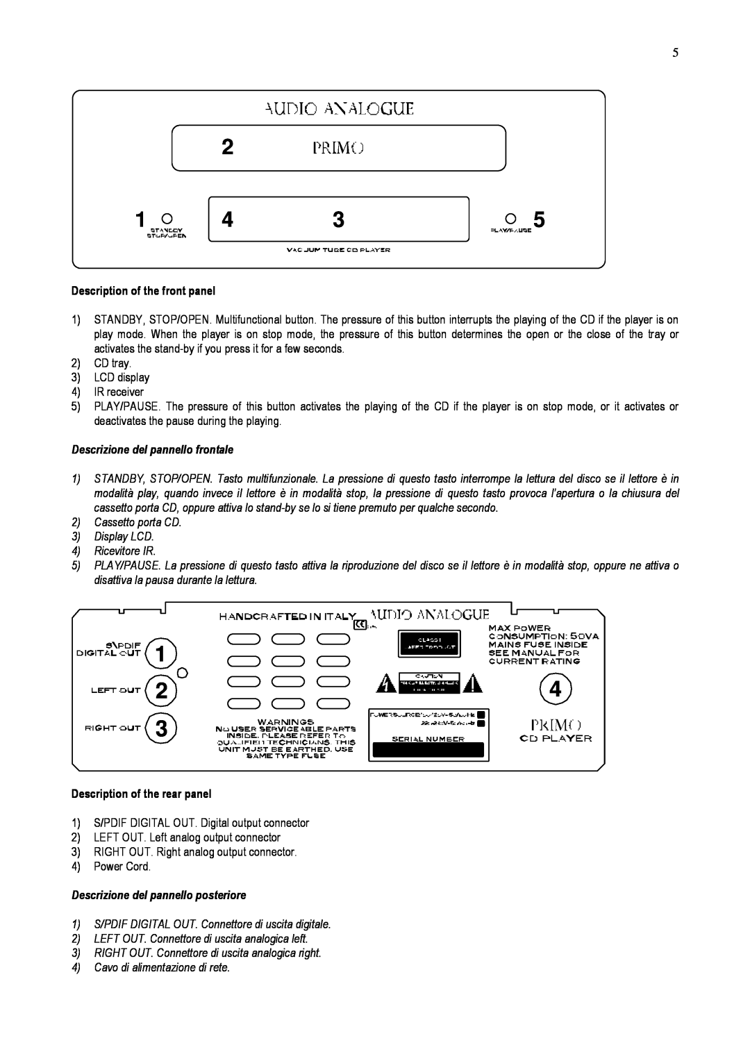 Audio Analogue SRL Vacuum Tube CD Player owner manual Description of the front panel, Descrizione del pannello frontale 
