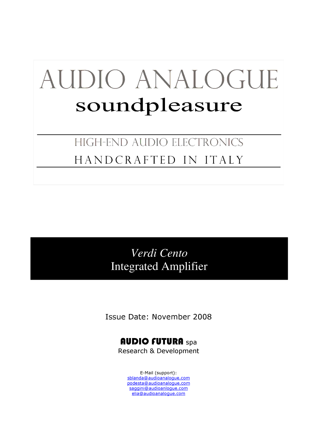 Audio Analogue SRL Verdi Cento manual Research & Development 