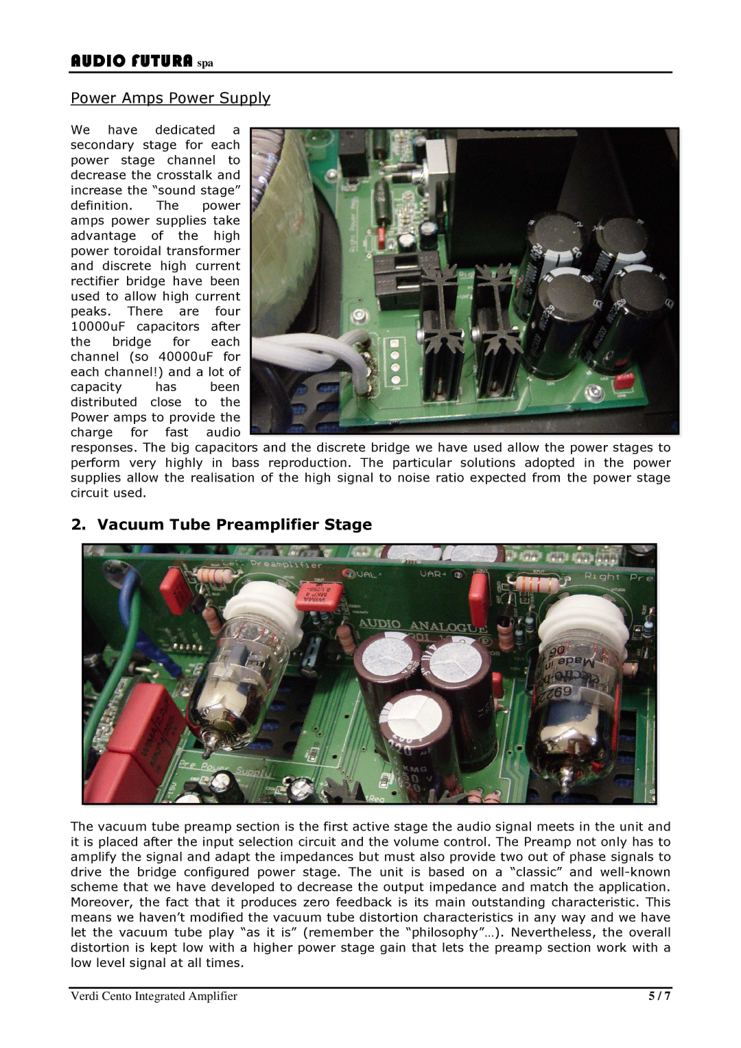 Audio Analogue SRL Verdi Cento manual Power Amps Power Supply, Vacuum Tube Preamplifier Stage 