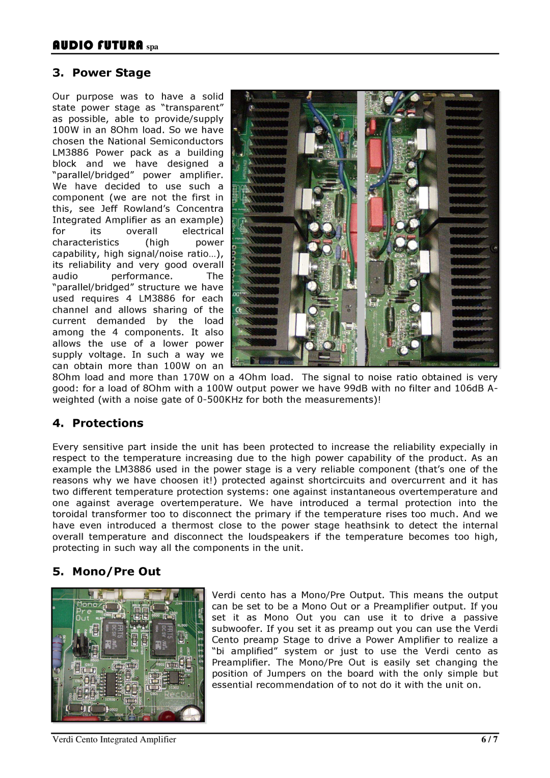 Audio Analogue SRL Verdi Cento manual Power Stage, Protections, Mono/Pre Out 