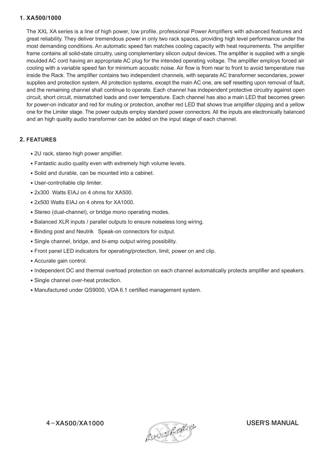 Audio Analogue SRL XA1000 user manual XA500/1000, Features 