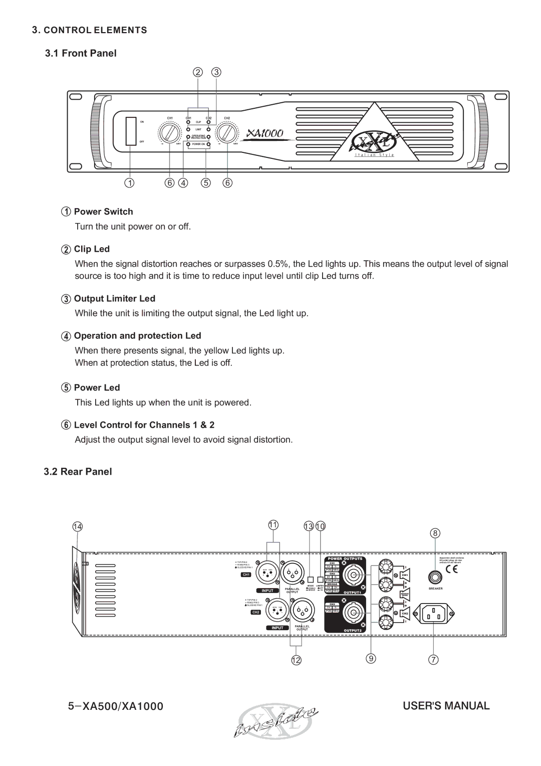 Audio Analogue SRL XA1000, XA500 user manual Front Panel, Rear Panel 