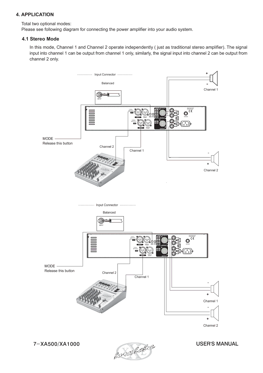 Audio Analogue SRL XA1000, XA500 user manual Stereo Mode, Channel 