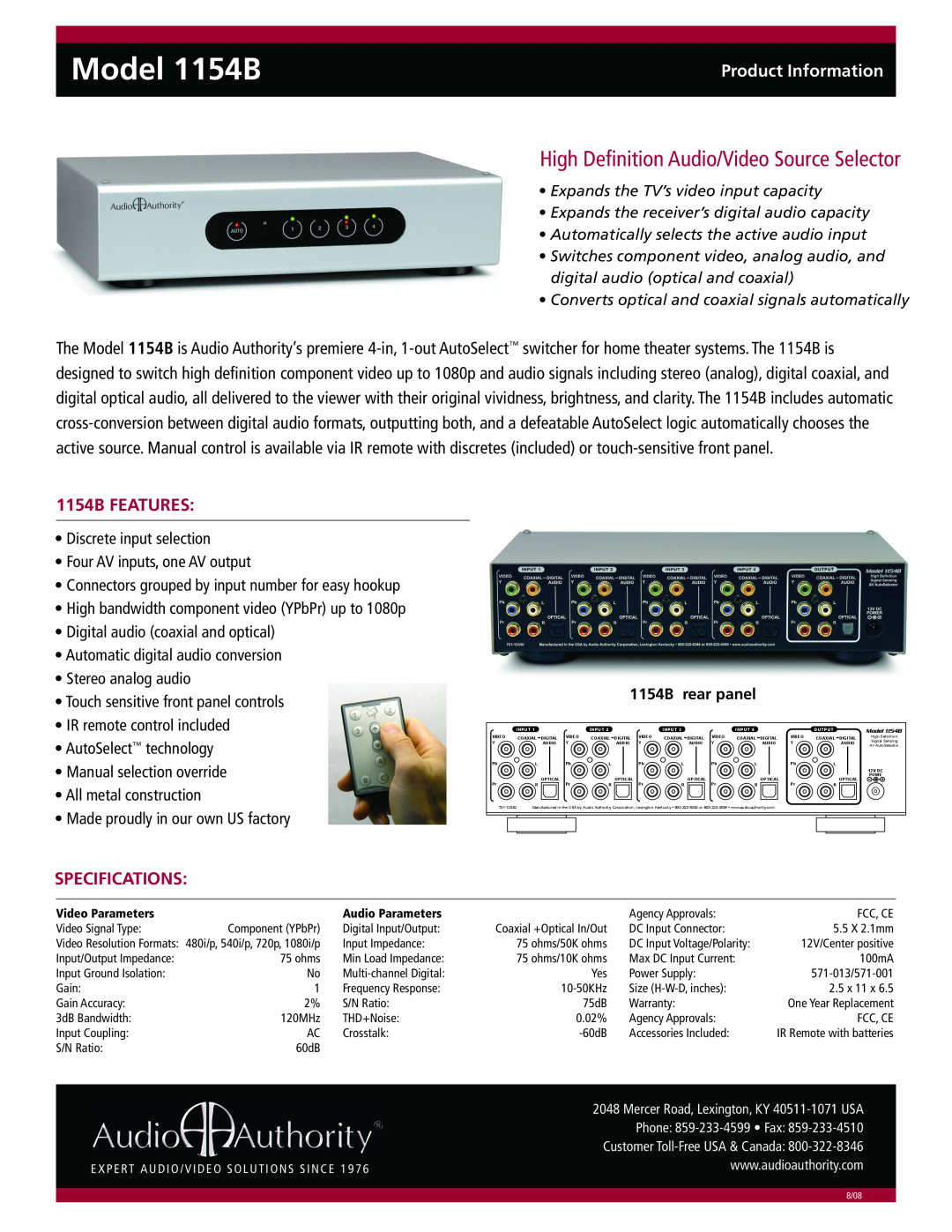 Audio Authority specifications Model 1154B, High Definition Audio/Video Source Selector, Product Information 