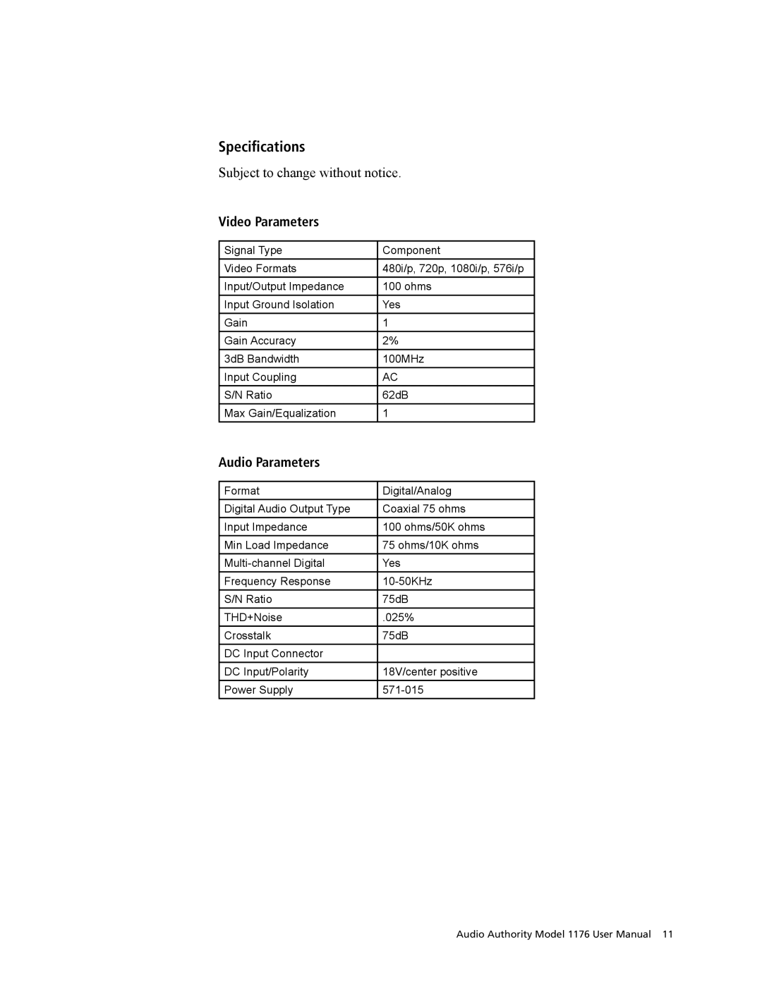 Audio Authority 1176 manual Specifications, Video Parameters 