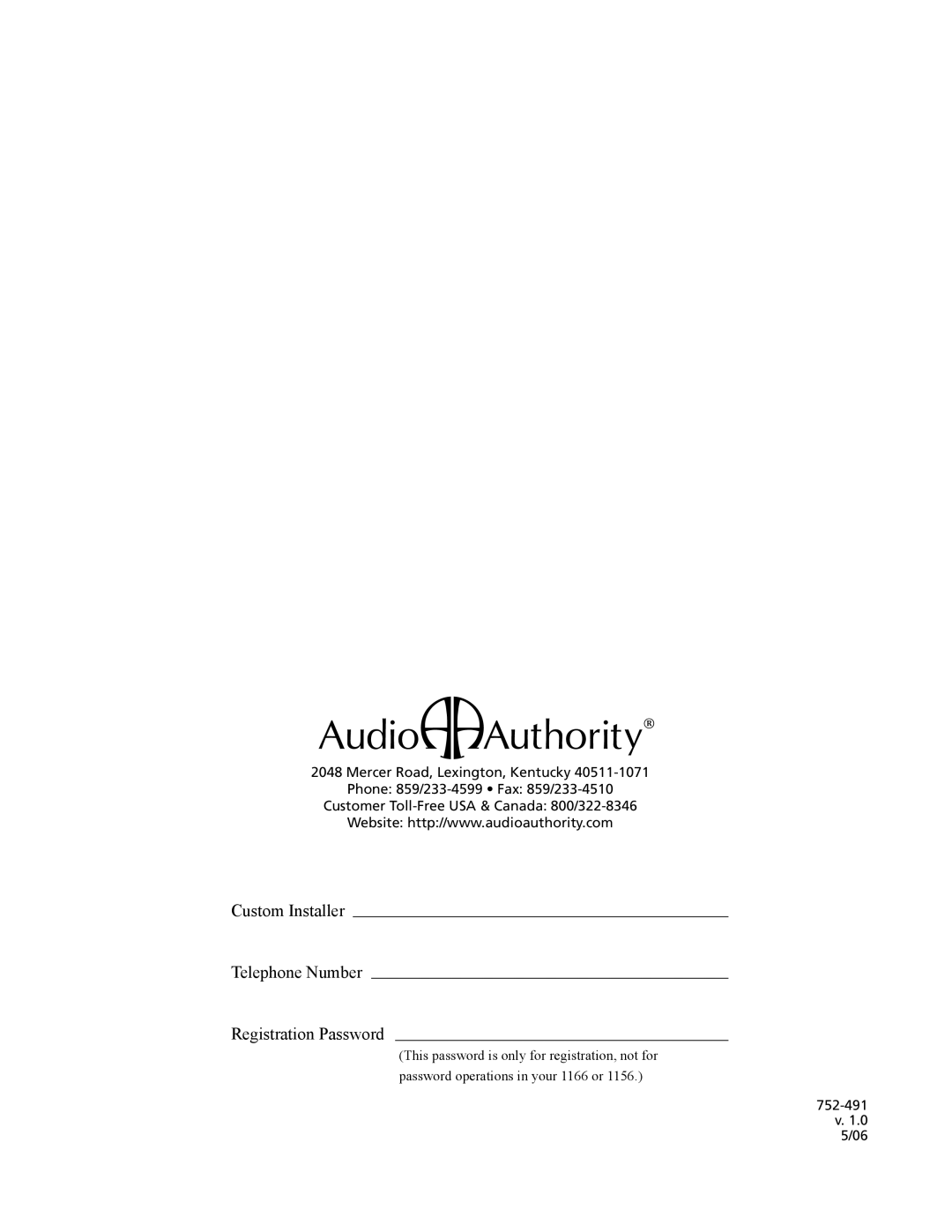 Audio Authority 1176 manual Custom Installer Telephone Number Registration Password 