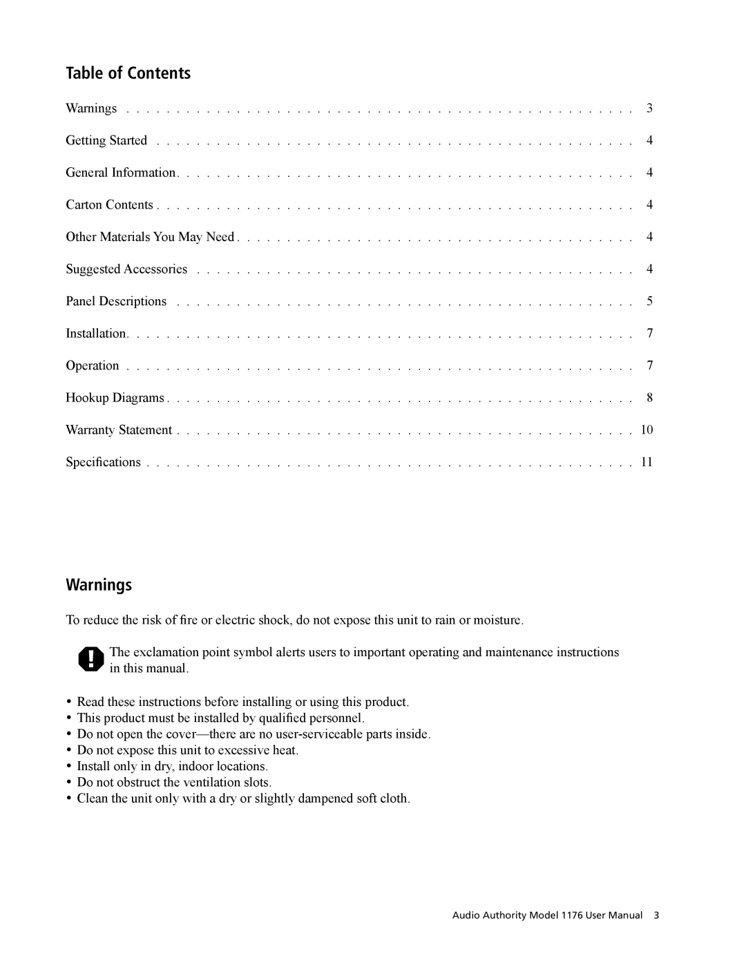 Audio Authority 1176 manual Table of Contents 