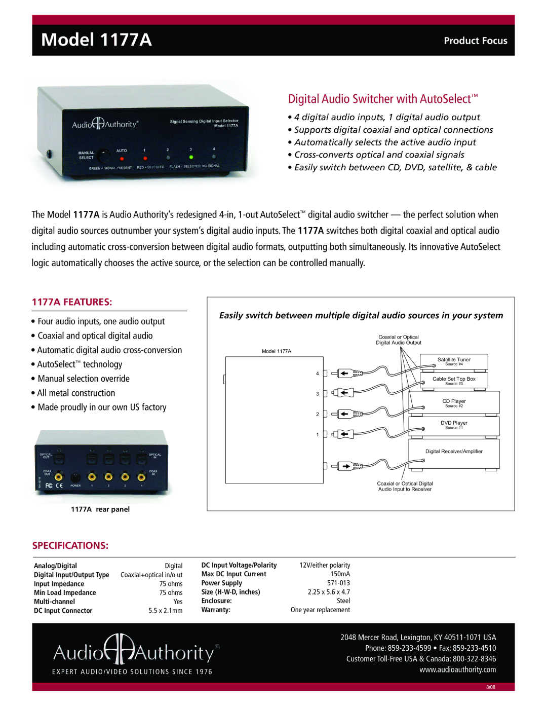 Audio Authority specifications Model 1177A, Digital Audio Switcher with AutoSelect, 1177A Features, Specifications 