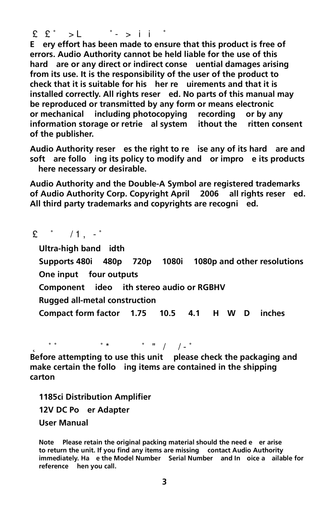 Audio Authority 1185ci user manual Features, Checking Package Contents 