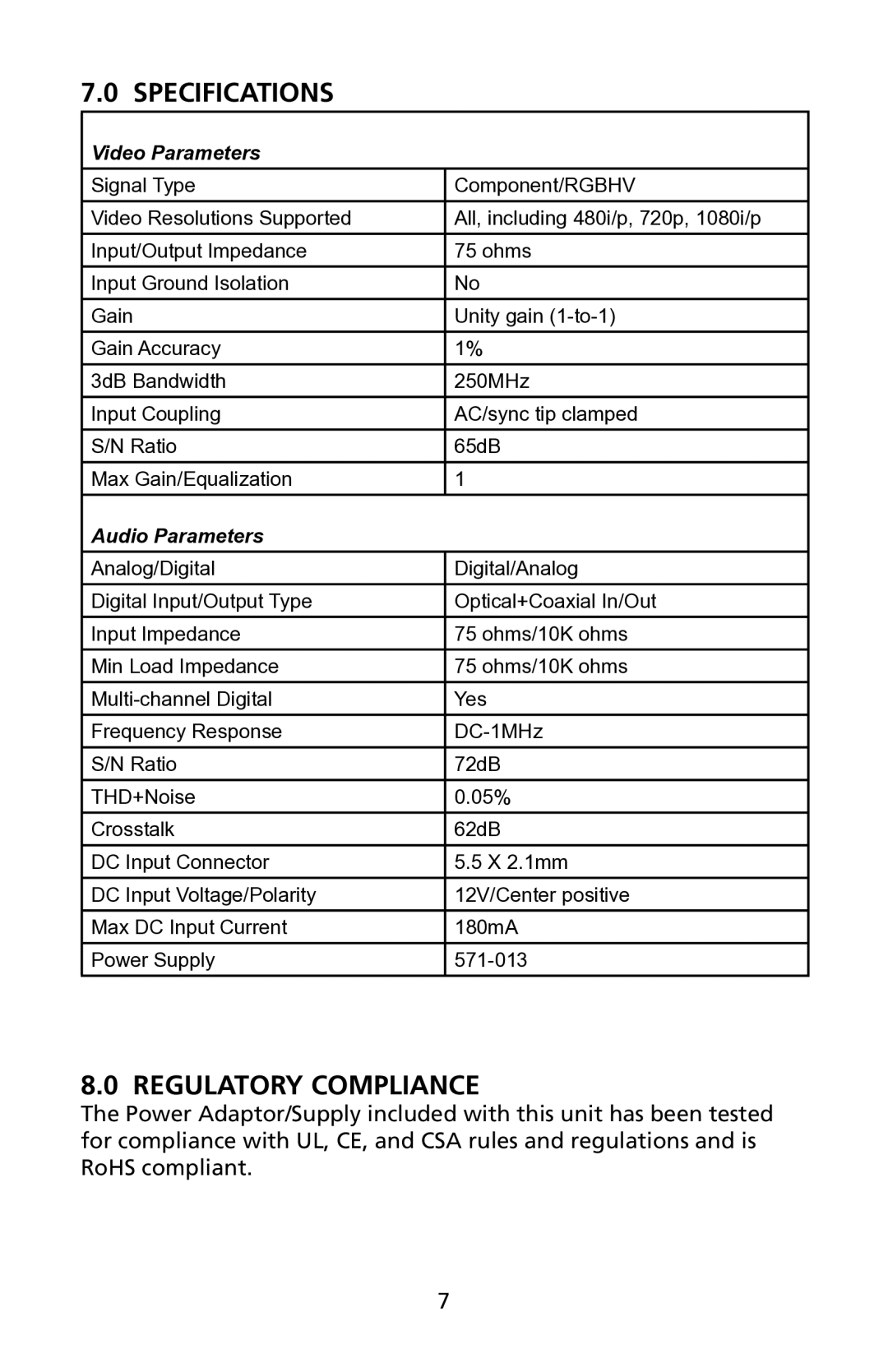 Audio Authority 1185ci user manual Specifications, Regulatory Compliance 