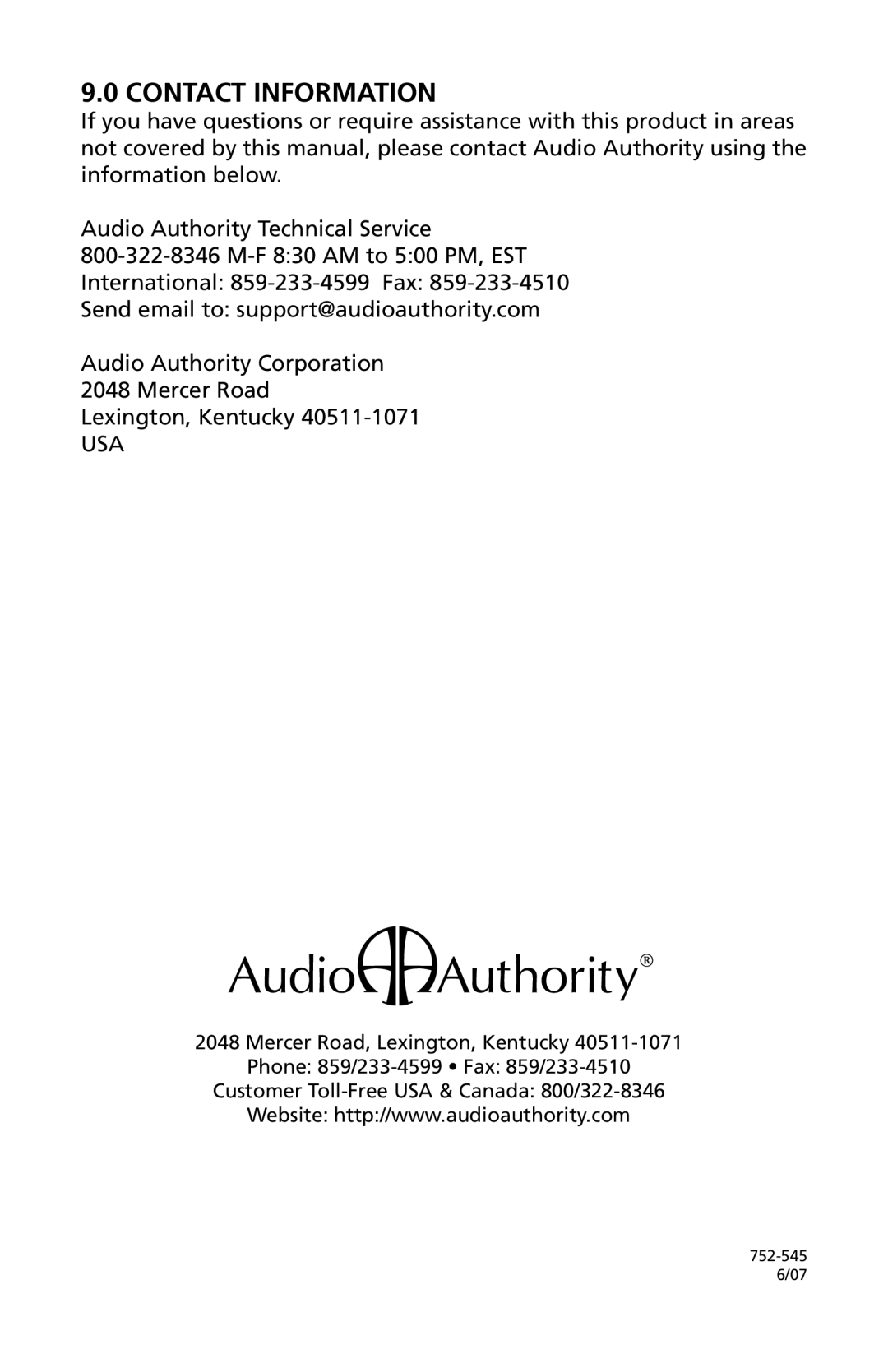 Audio Authority 1185ci user manual Contact Information, Usa 