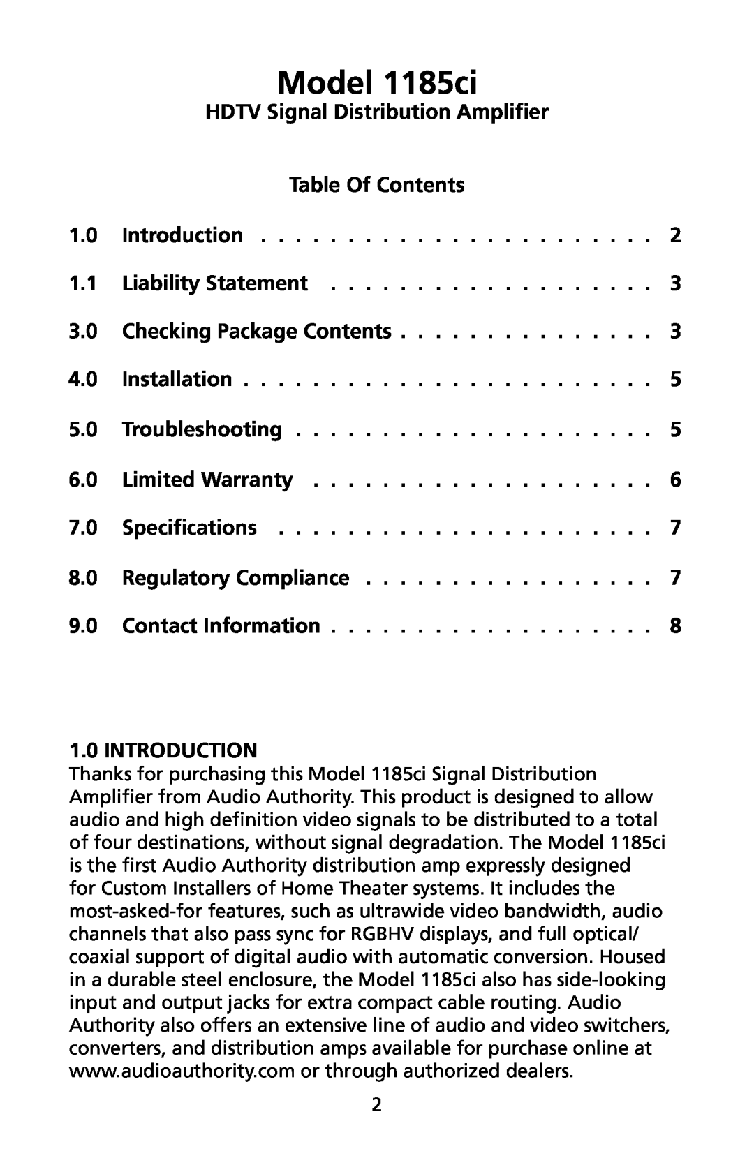 Audio Authority user manual Model 1185ci 