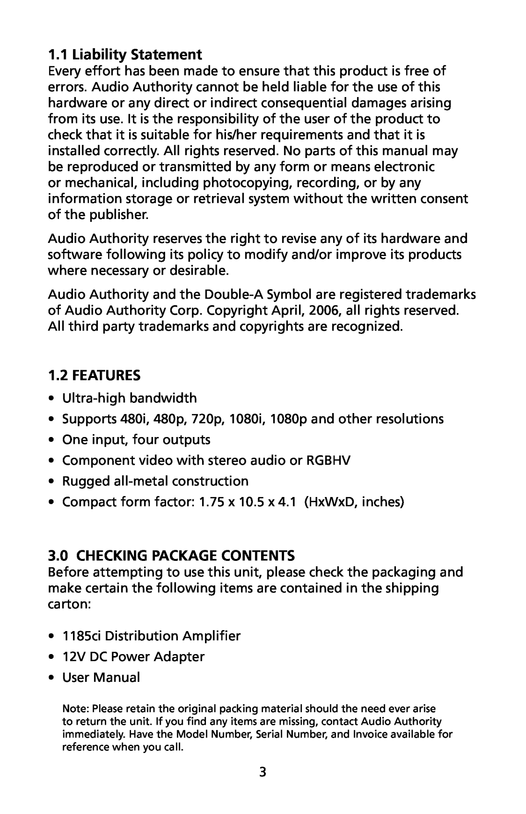 Audio Authority 1185ci user manual Liability Statement, Features, Checking Package Contents 