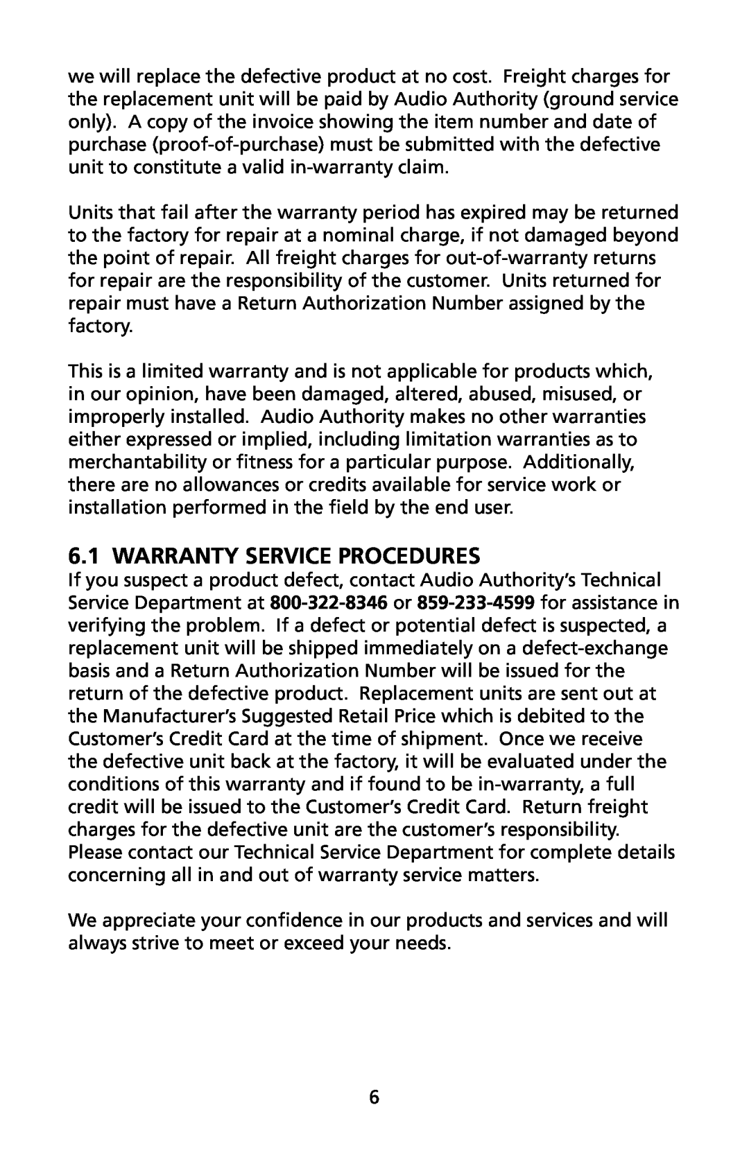 Audio Authority 1185ci user manual Warranty Service Procedures 
