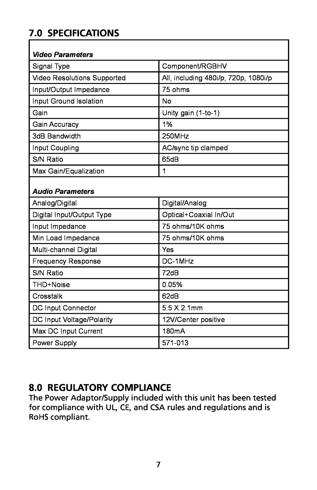 Audio Authority 1185ci user manual Specifications, Regulatory Compliance, Video Parameters, Audio Parameters 