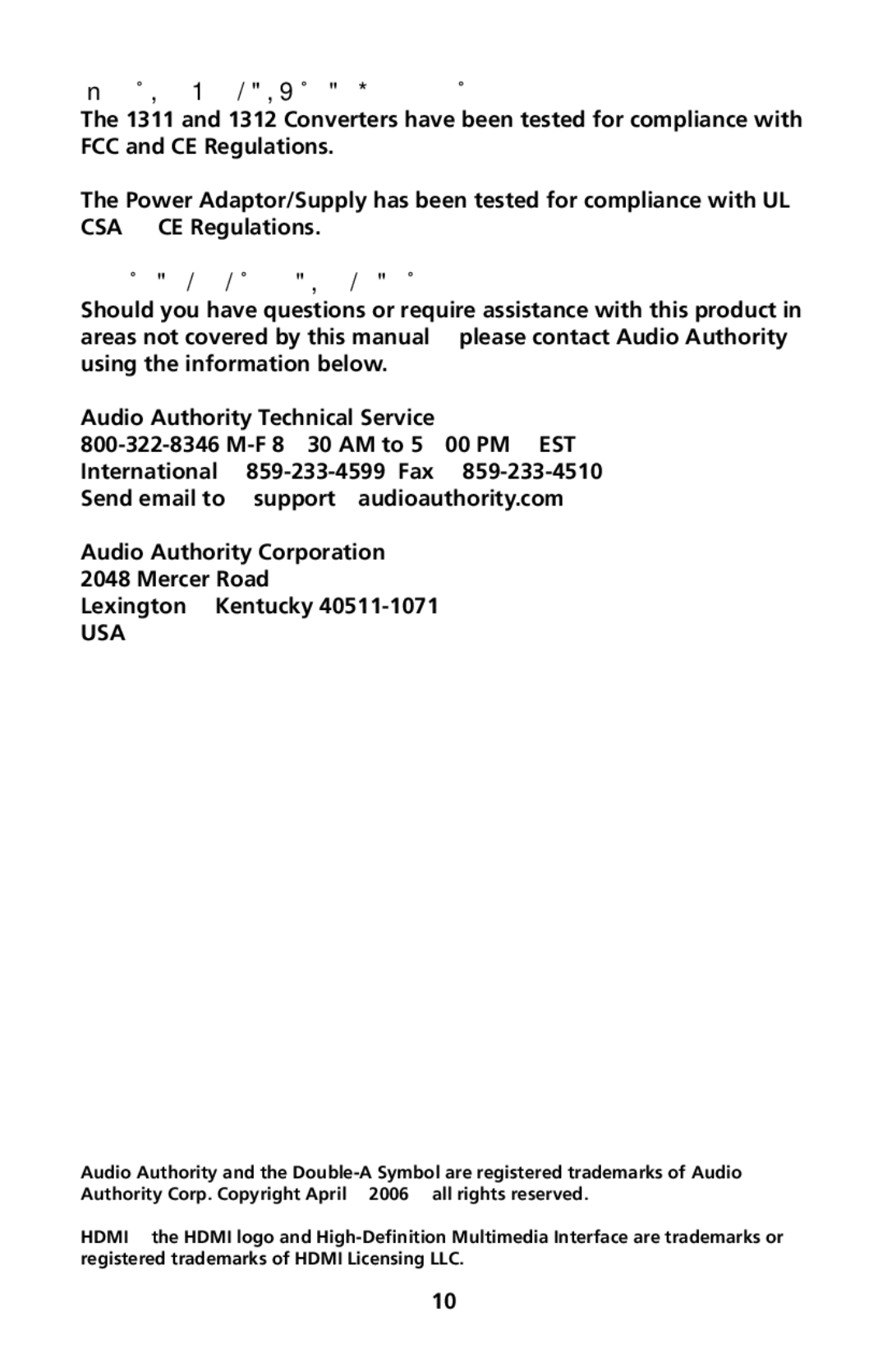 Audio Authority 1311 user manual Regulatory Compliance, Contact Information 