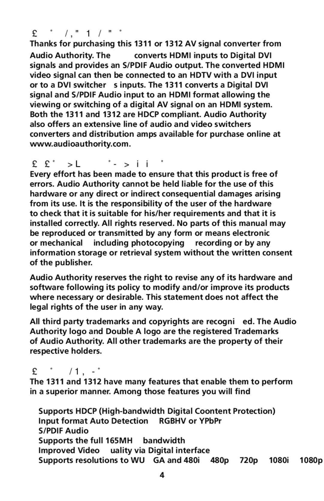 Audio Authority 1311 user manual Introduction, Liability Statement, Features 