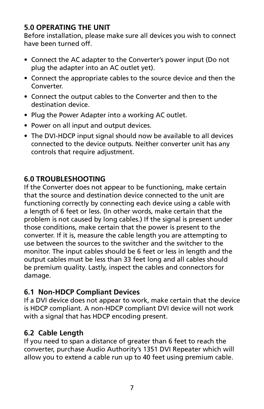 Audio Authority 1311 user manual Operating the Unit, Troubleshooting, Non-HDCP Compliant Devices, Cable Length 