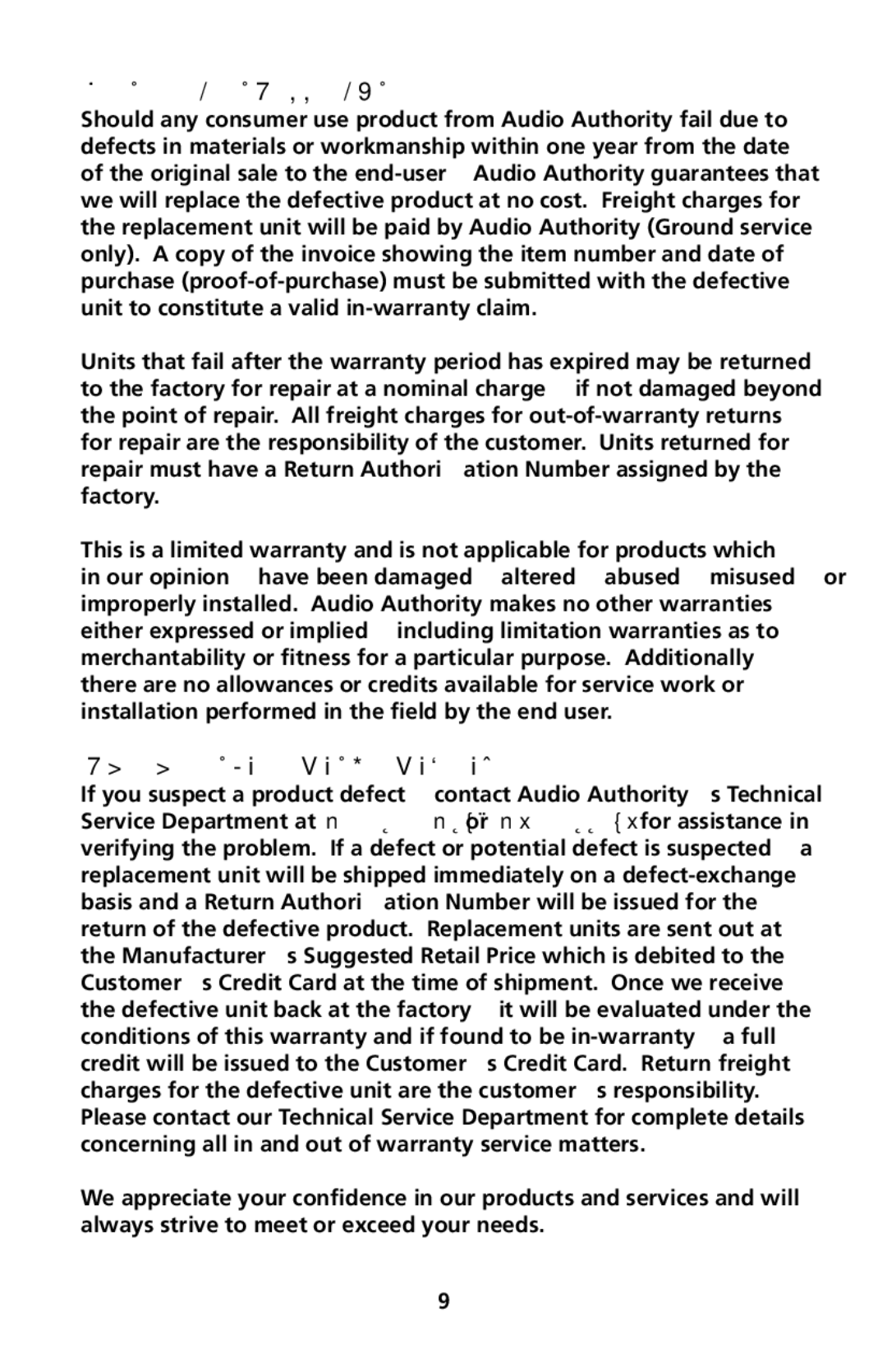 Audio Authority 1311 user manual Limited Warranty, Warranty Service Procedures 