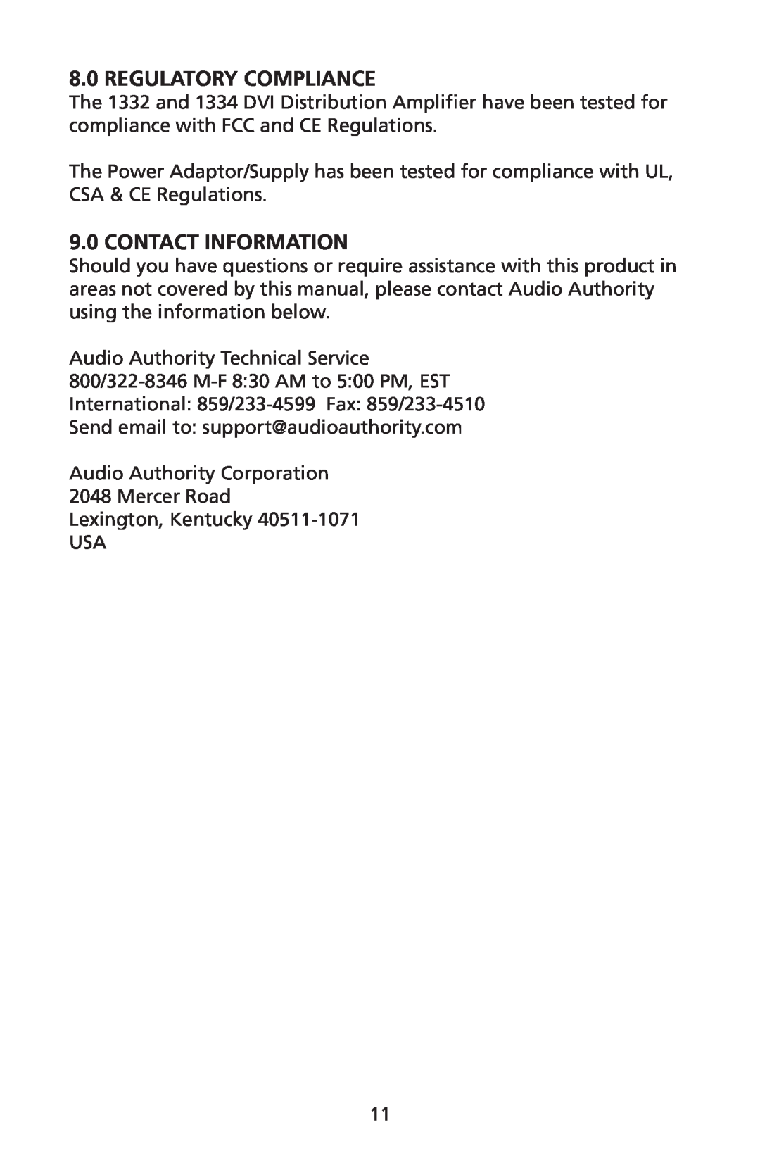 Audio Authority 1332, 1334 user manual Regulatory Compliance, Contact Information 