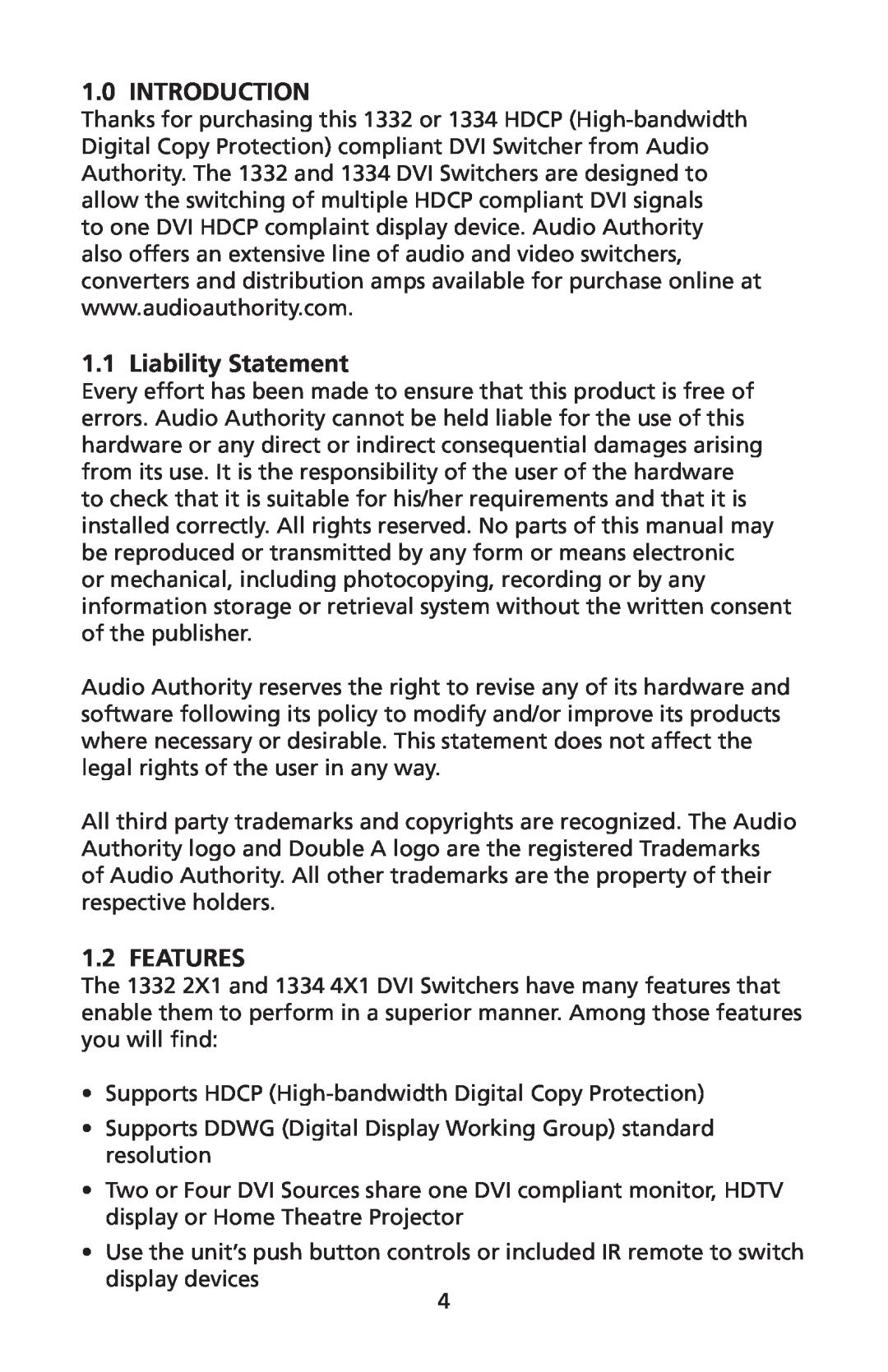 Audio Authority 1334, 1332 user manual Introduction, Liability Statement, Features 