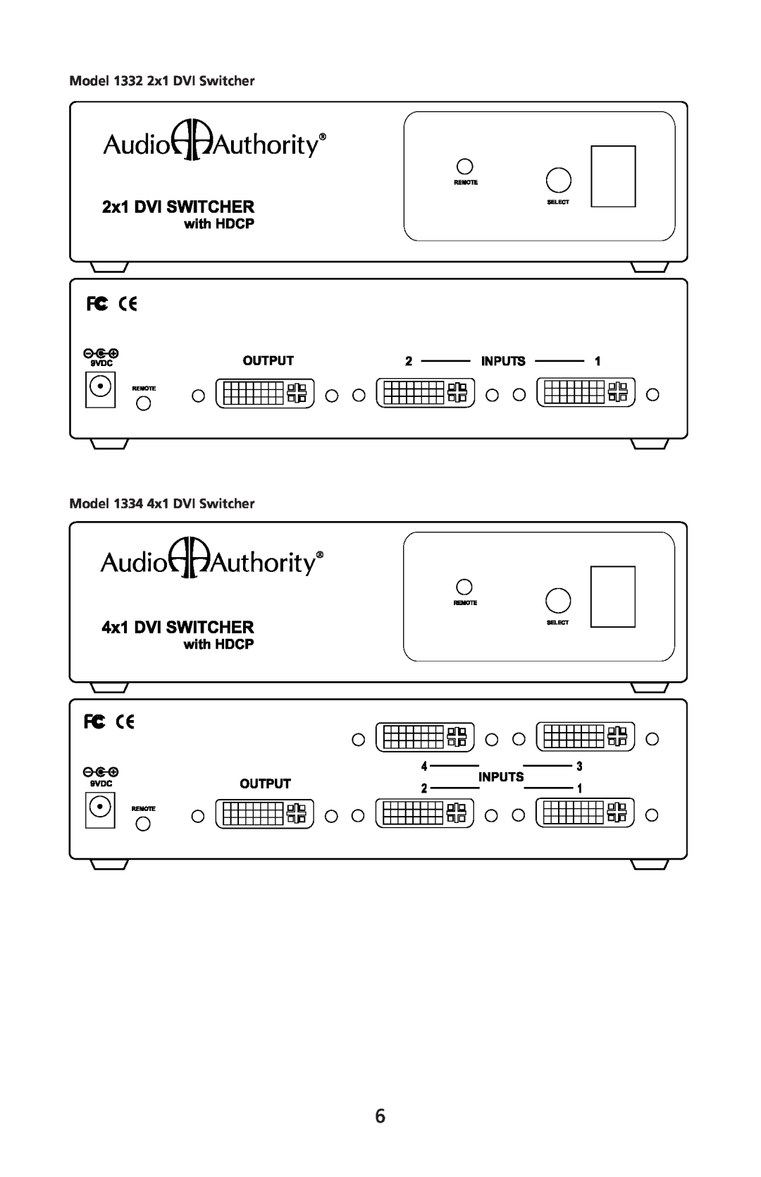 Audio Authority user manual Model 1332 2x1 DVI Switcher, Model 1334 4x1 DVI Switcher 
